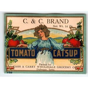 C&C Brand Tomato Catsup Lovely Lady Label 1910s Original Vintage Ketchup 14oz